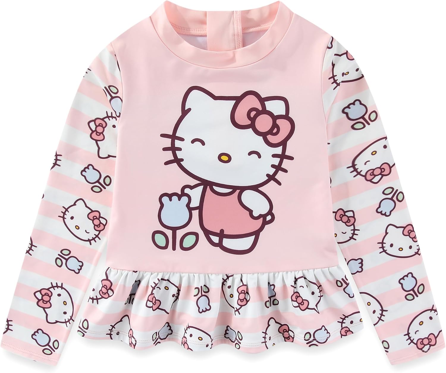 Hello Kitty Sanrio Girls UPF 50+ Long Sleeve Rash Guard and Bikini Bottom Two Piece Swimsuit Set for Little Kids