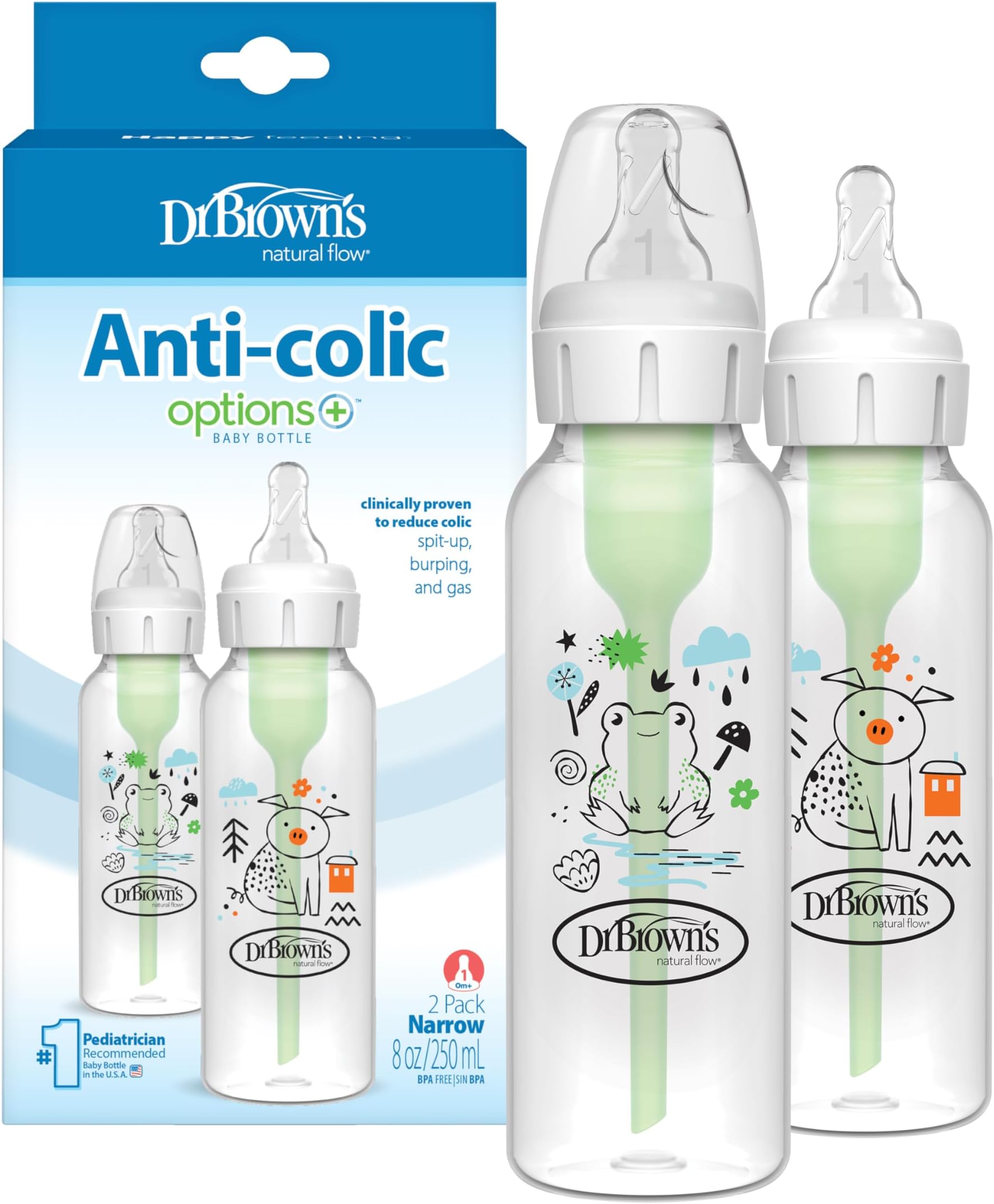 Natural Flow Anti-Colic Options+ Narrow Baby Bottle, Frog and Pig, 8 oz/250 mL, with Level 1 Slow Flow Nipple, BPA-Free, 0m+, 2-Pack