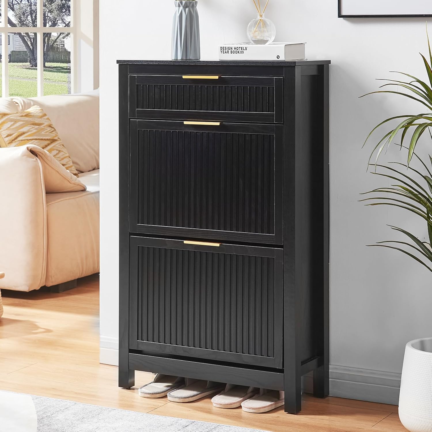 2 Flip Drawers Shoe Cabinet Storage for Entryway, Narrow Hidden Shoes Organizer for Front Door Entrance, Free Standing Shoes Cabinet Wooden Hallway Shoe Rack(Black) Black Medium