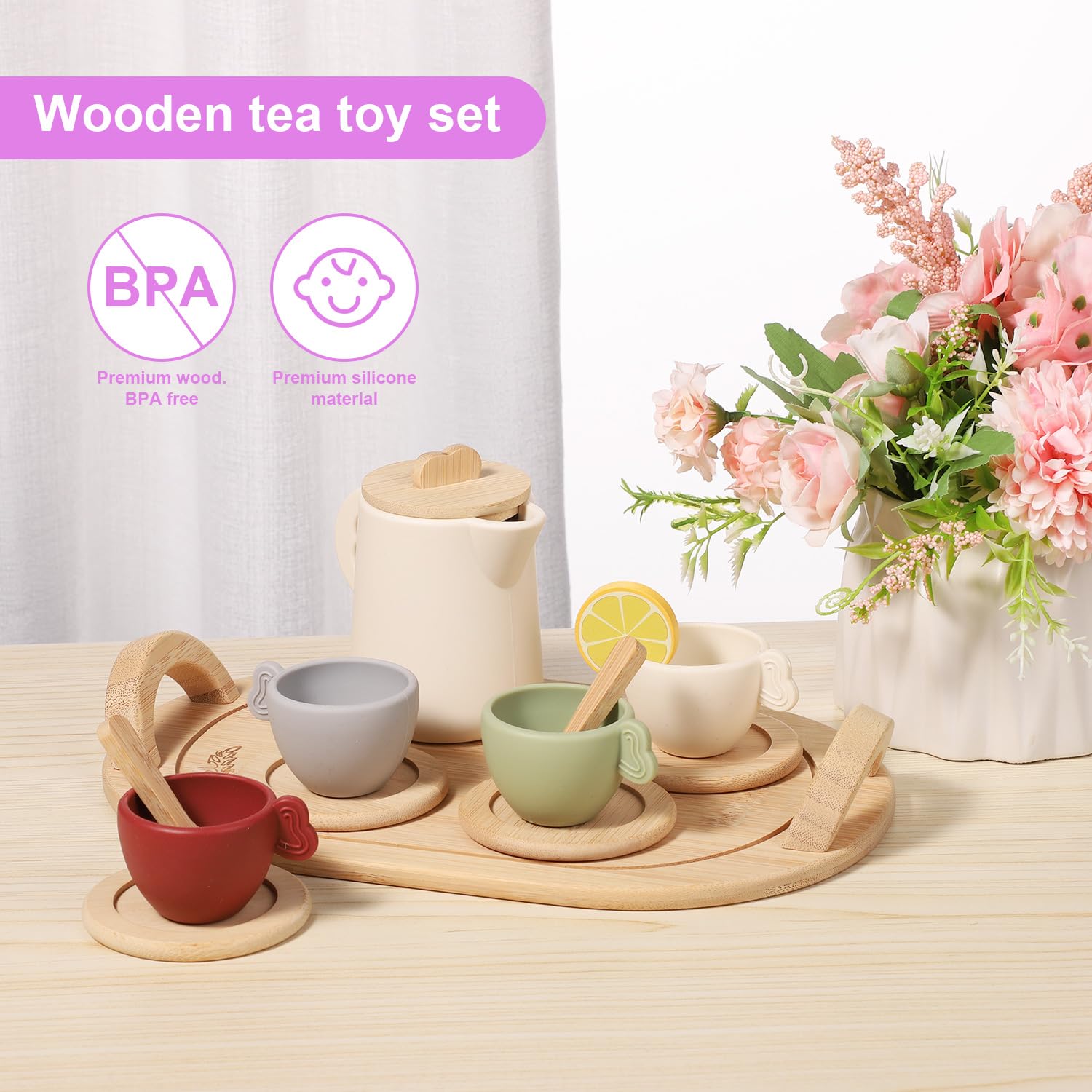 Service à Thé Jouet En Bois - Dînette Enfants - Plateau Avec Accessoires