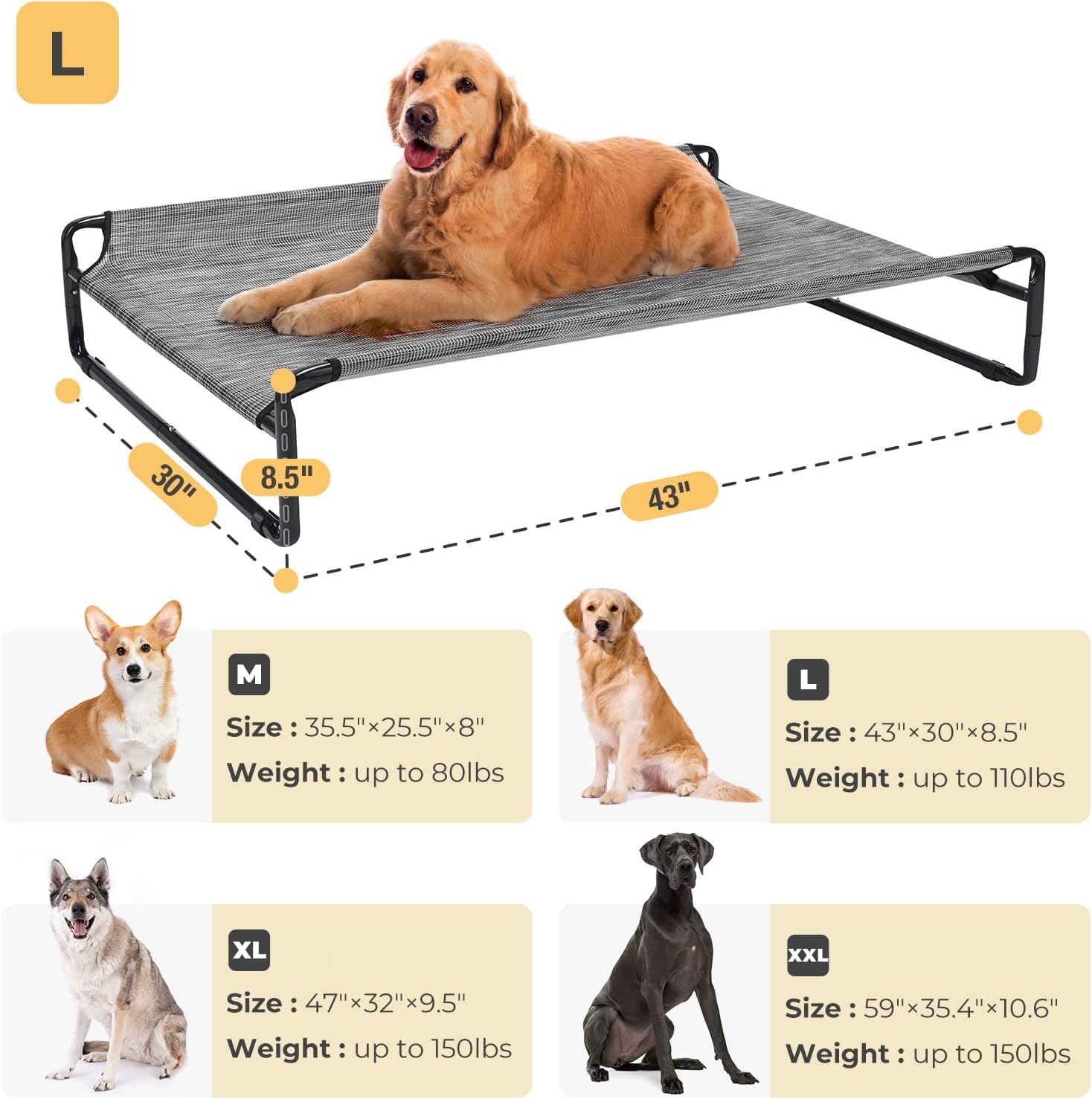 review Veehoo Original Cooling Elevated Dog Bed, Outdoor Raised Dog Cots Bed for Large Dogs, Portable Standing Pet Bed with Washable Breathable Mesh, No-Slip Feet for Indoor Outdoor, Large, Black Silver