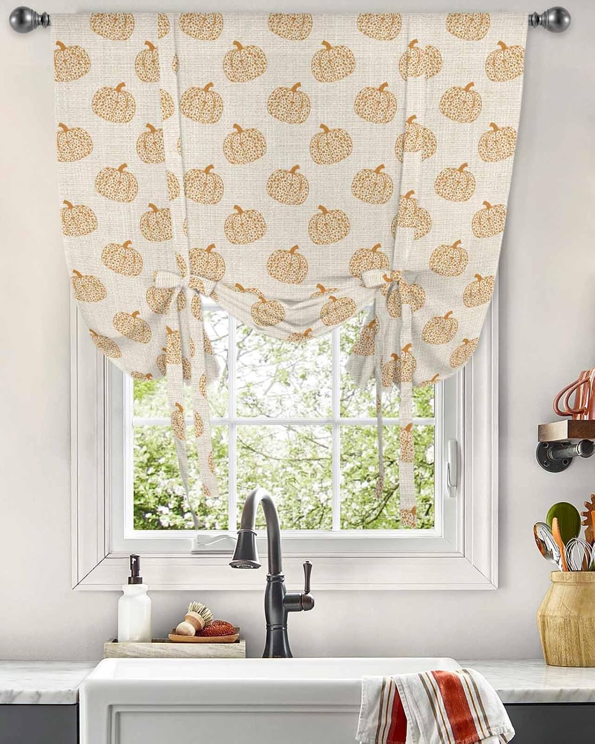 Tie Up Curtains for Windows, Beige Pumpkins Fall Kitchen Curtain Adjustable Balloon Window Shades, Thanksgiving Botanical Modern Art Valance Curtains for Living Room/Bedroom/Cafe 52"x63"