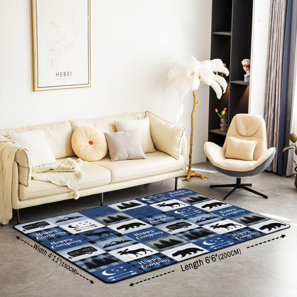 Erosebridal Happy Camping Area Rug 6'6" x 4'11" Rustic Bear Deer Living Room Rugs Rv Camper Mountain Geometric Elk Decorative Carpet Blue Patchwork Grid Wild Animals Indoor Floor Mat