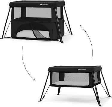 Kinderkraft Cami 3 in 1 Convertible Travel Cot Black | 2 level bassinet and toddler cot, includes rigid support base plate, ultralight 12.8 lbs, 5 sec fold with backpack
