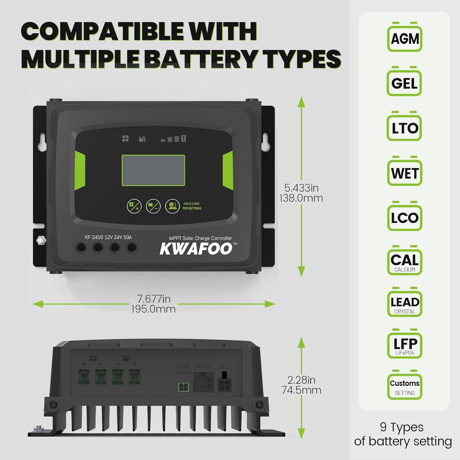 50A MPPT Solar Charge Controller, 12V/24V Auto DC Input, Backlit LCD, 50 amp Solar Panel Regulator Charger for LiFePO4 Gel Wet AGM Battery Charging