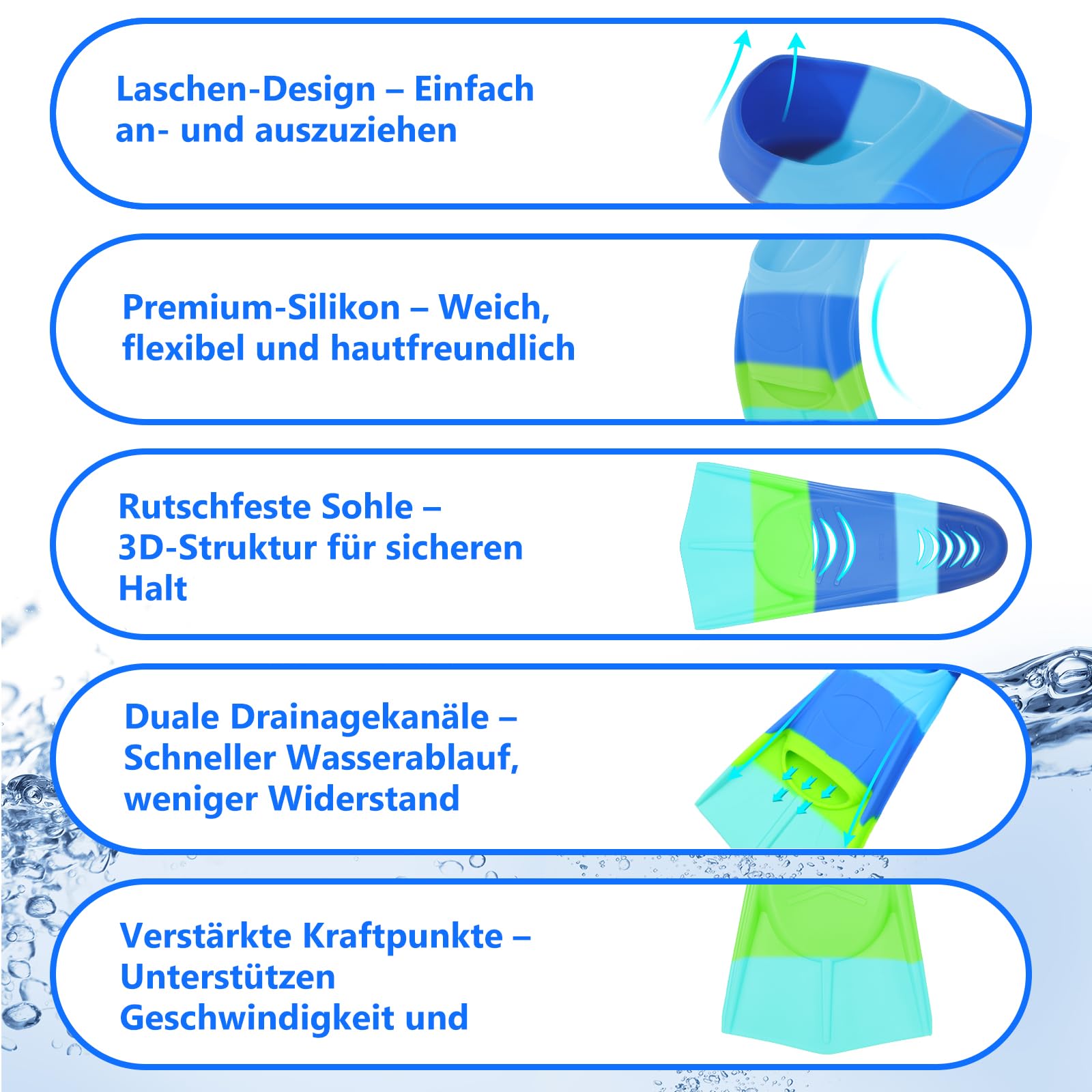 Schwimm Flossen, Bequeme Silikon Flossen für Bahnen Schwimmen & Training, Kurze Schwimmflossen mit Netztasche, Schwimmausrüstung für Kinder, Jugendliche, Erwachsene, Frauen und Männer