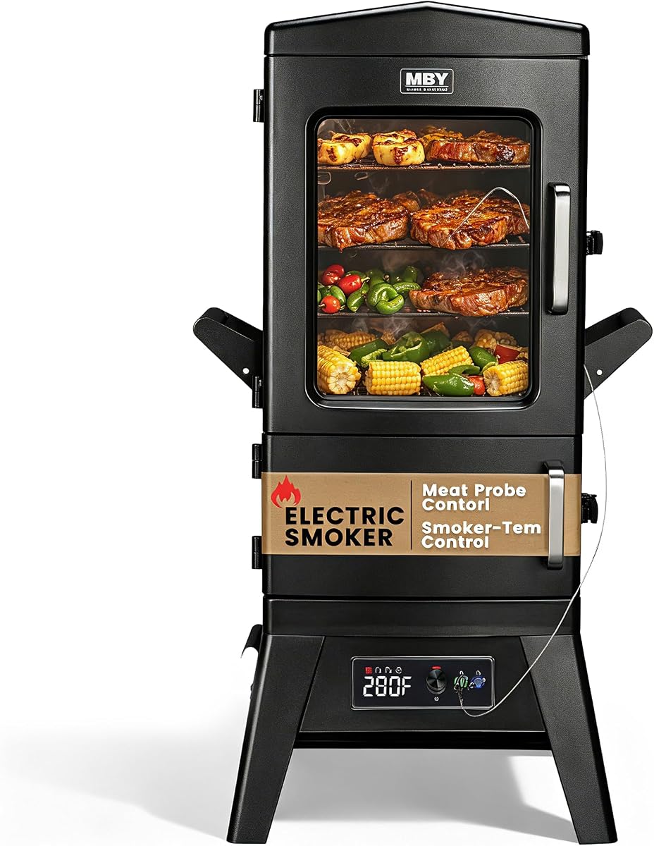 Electric Smoker with Cover, LED Display Build in Meat Probe Large Capacity BBQ Smokers, 4 Racks Smoke More with 633 sq in Cooking Area, Black,(6.11)