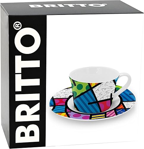 Miniatura 3 de Britto Romero Bone - Taza de café y té de porcelana con platillo, 6.7 onzas, paisaje colorido, diseño abstracto de arte