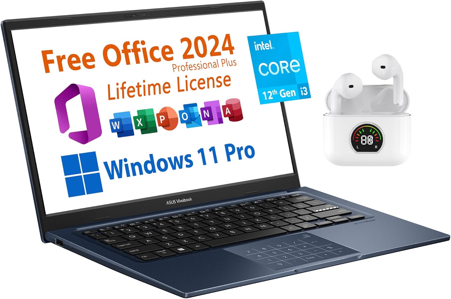 ASUS Vivobook 14" Laptop, Intel i3-1215U, 16GB RAM, 1TB SSD, FHD Display, WiFi 6E, 10 hrs Battery, Wireless Earbuds