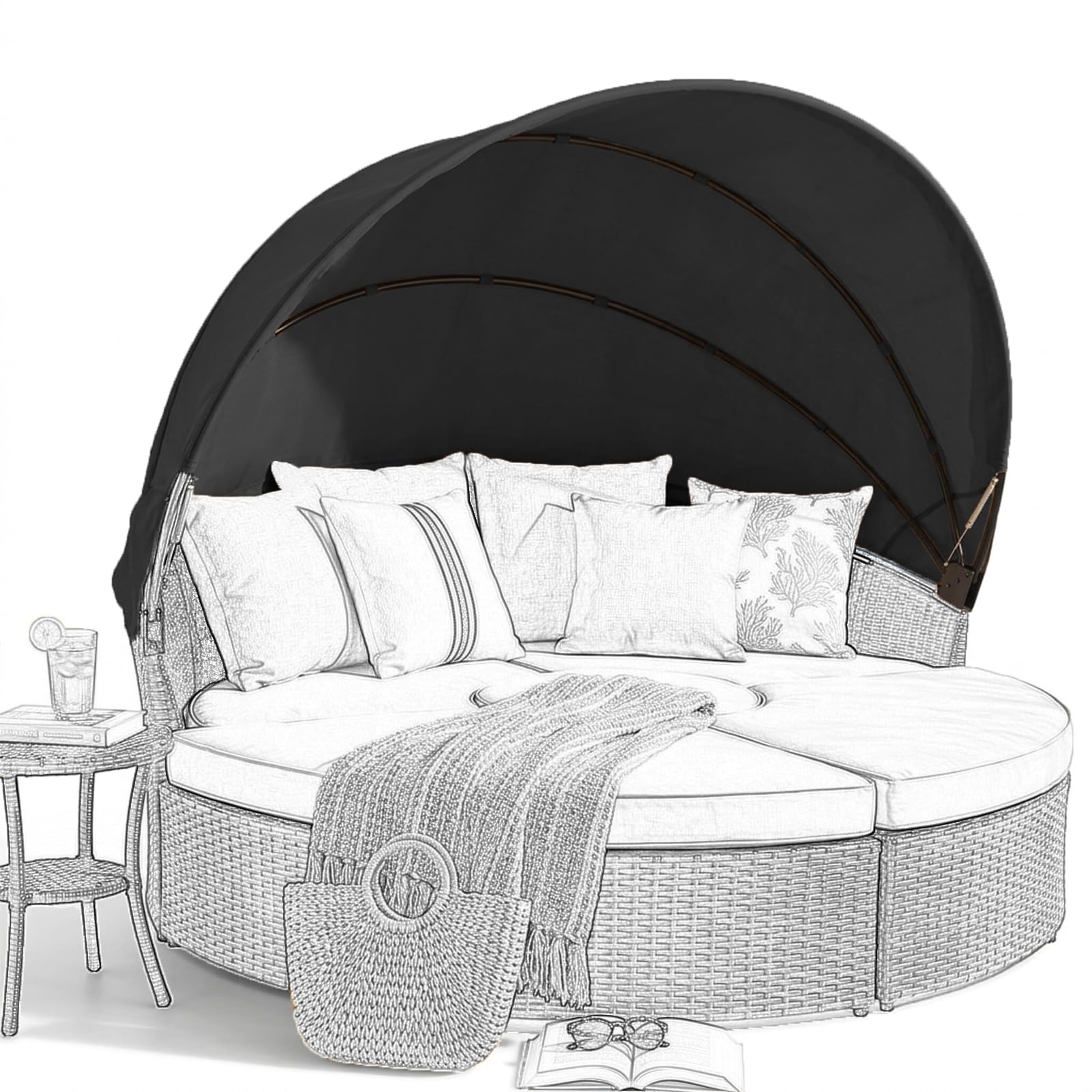SWFEMWS Round Canopy Cover for 66''~75'' Outdoor Daybeds, Water-Resistant & UV-Resistant, Easy Installation with Hook and Loop Straps, Fits Wicker
