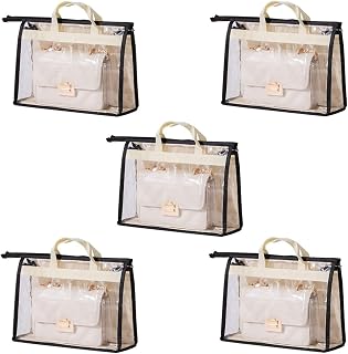 5 Pack Clear Tote Bag, Handbag Organizer PVC Transparent Anti-dust Cover Bag for Hanging Closet with Zipper and Handle Space-Saving Storage Bag (Color : Beige, Size : S)