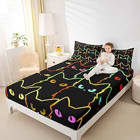 Erosebridal Lençol com elástico de gato para meninas, lençóis de cama de gato fofos linha gradiente para decoração de quarto de adolescentes, crianças, meninos, adultos, conjunto de cama de animais