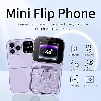 I16 Pro Mini Flip Phone, 1.77 Inch HD Display, Dual SIM 4G, Foldable Design with Big Buttons, FM Radio, 32MB RAM, Multiple Colors Available, for Seniors (4G-Purple)