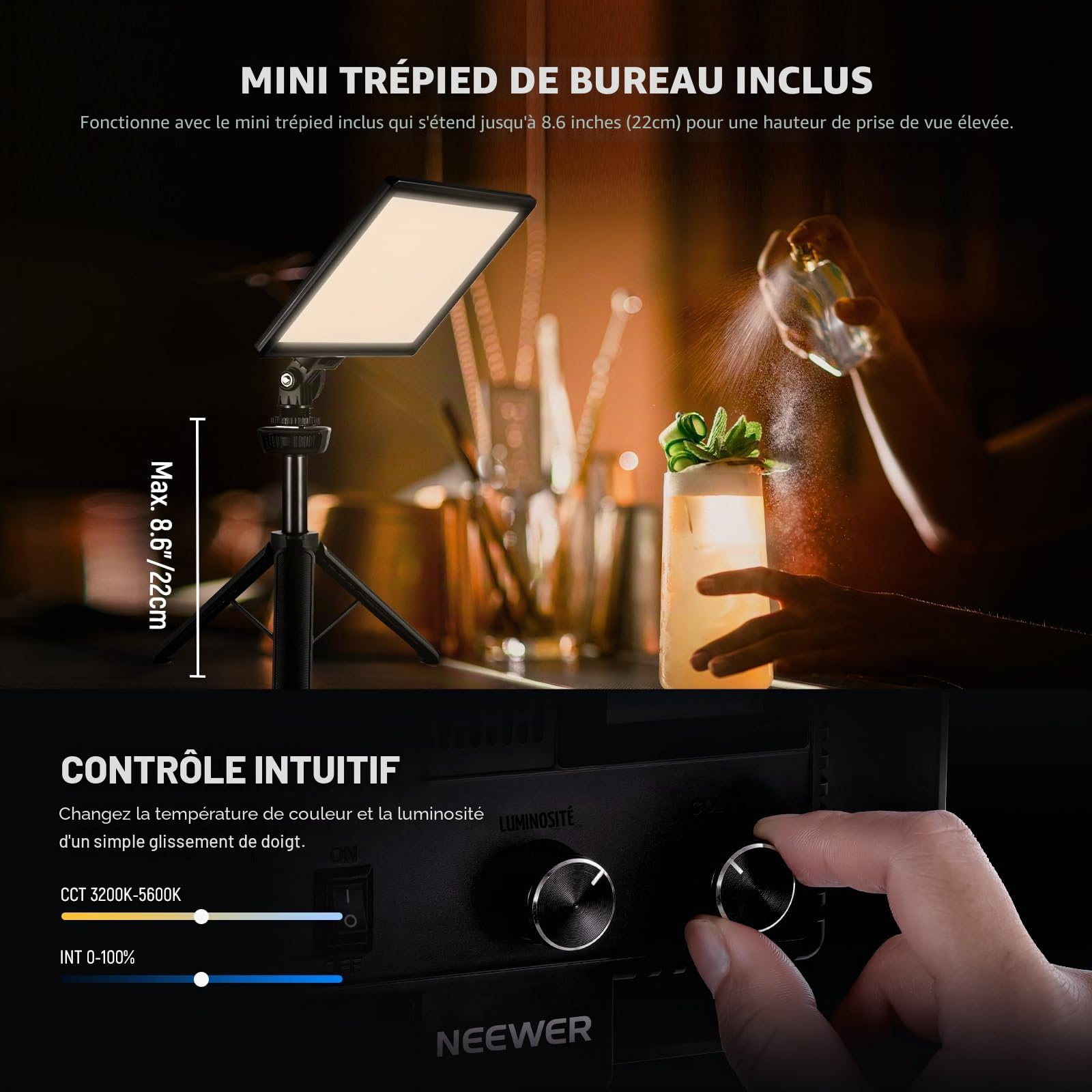NEEWER 9" Panneau lumineux LED lumière pour appareil photo reflex numérique avec mini trépied, batterie 4000mAh, ports USB Type C, 3200K ~ 5600K CRI95 + 600Lux photographie vidéo streamingt, NL-116AI