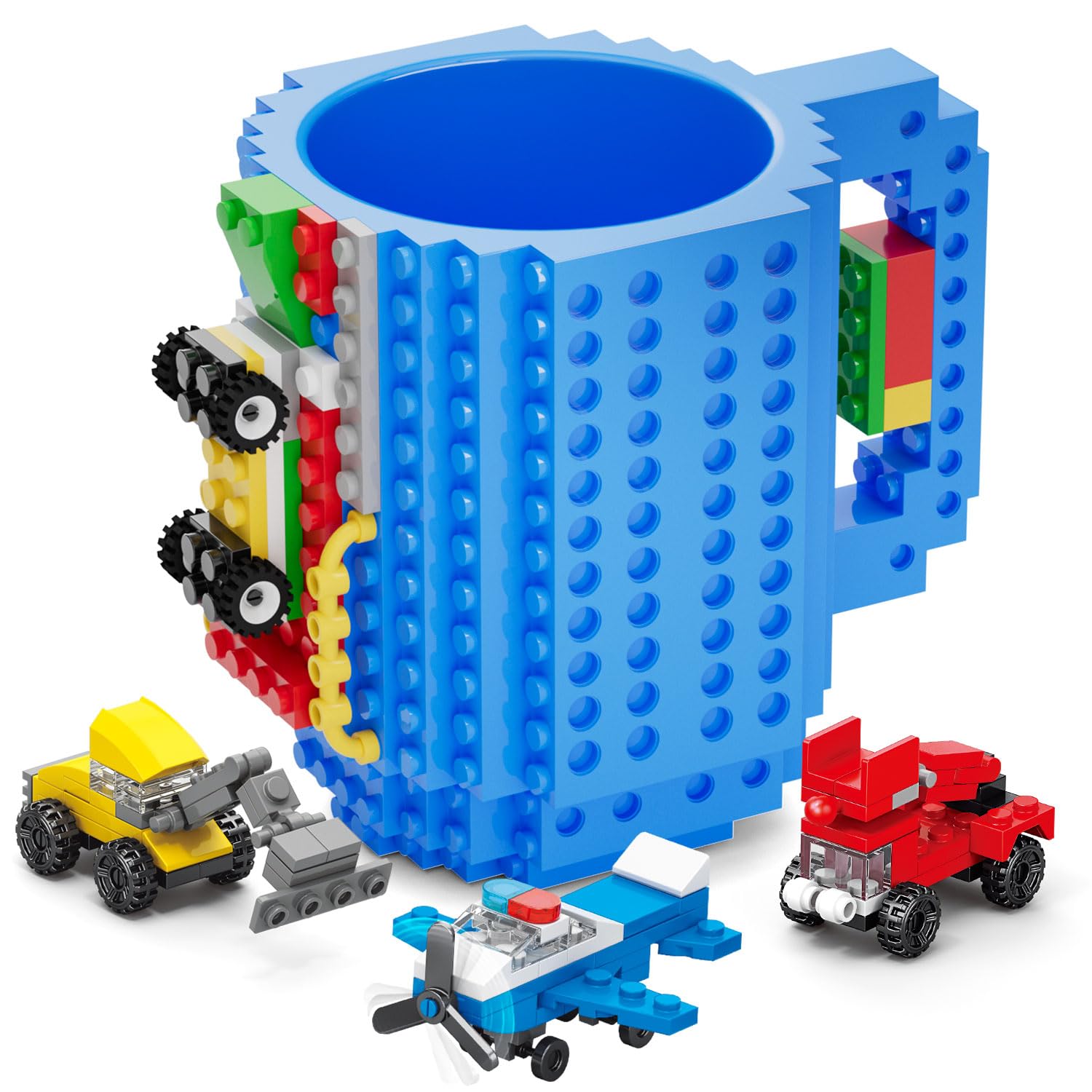 DAYMOO Build on Brick Mug, Funny Cool Coffee Mugs for Kids Men Him Dad Boys and Girls, Building Block Cups, Novelty Gifts for Christmas Xmas Easters Birthdays Halloween - Blue