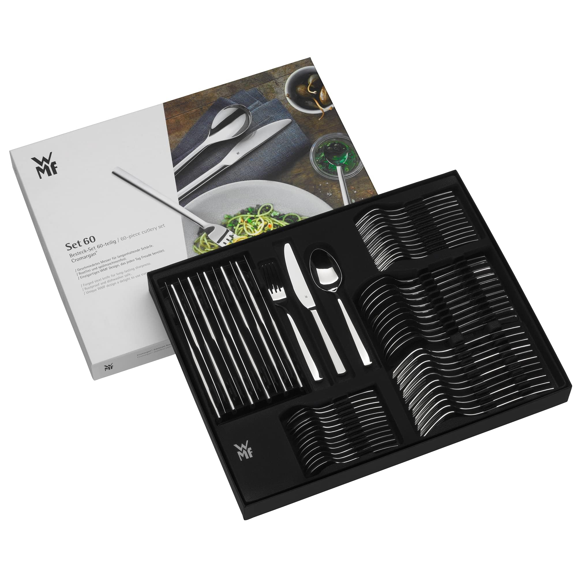 WMF Alteo Besteck Set 12 Personen, Essbesteck 60 teilig, Besteck matt, Monobloc-Messer, Cromargan Edelstahl mattiert, spülmaschinenfest