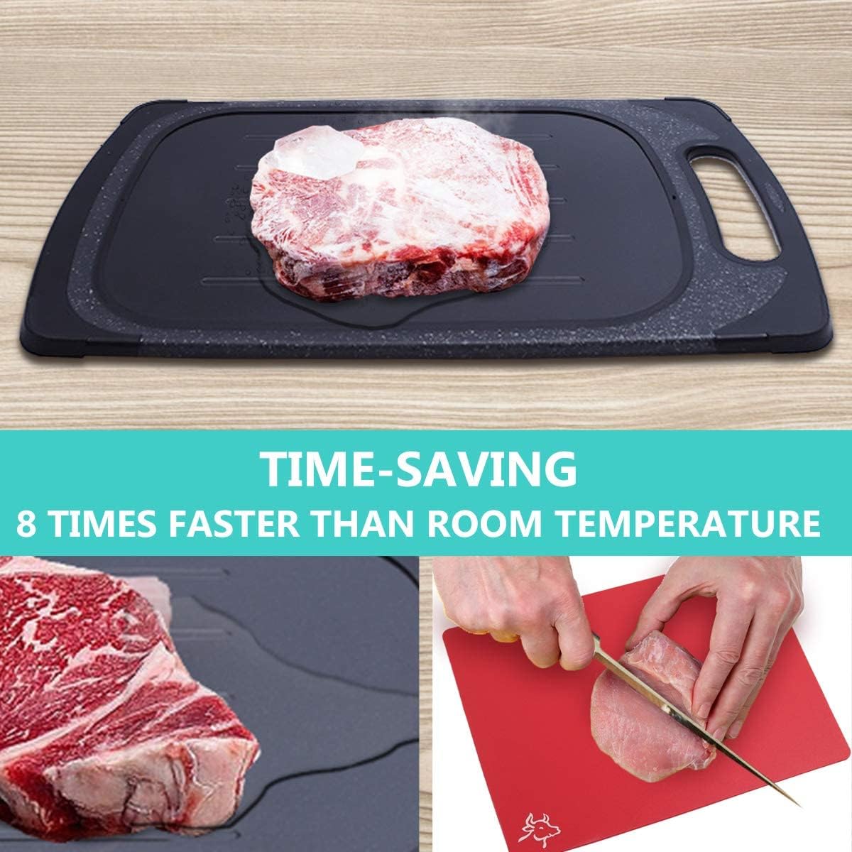 GEMITTO 2 in 1 Defrosting Tray/Cutting Board, Thawing Plate Chopping Board for Faster Defrosting Frozen Food or Chopping Food, Heavy Duty Material, Multifunctional Kitchen Utensils (Black)