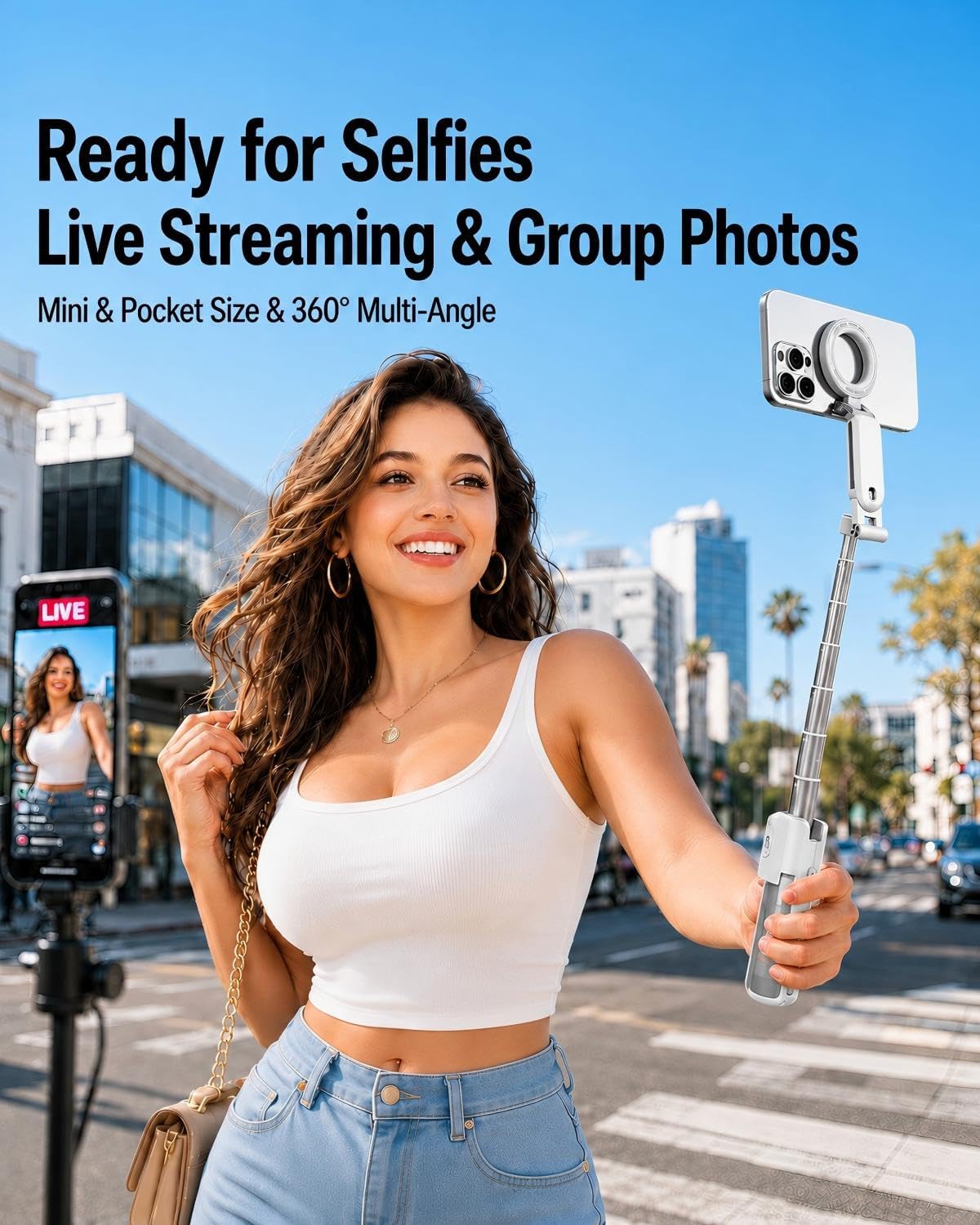 Magnetic Mini Selfie Stick Tripod for iPhone & Android, 19" Pocket Size 4-in-1 Phone Tripod with Detachable Wireless Shutter Remote & Ergonomic Grip, for Travel TikTok Vlogging (Up-White)