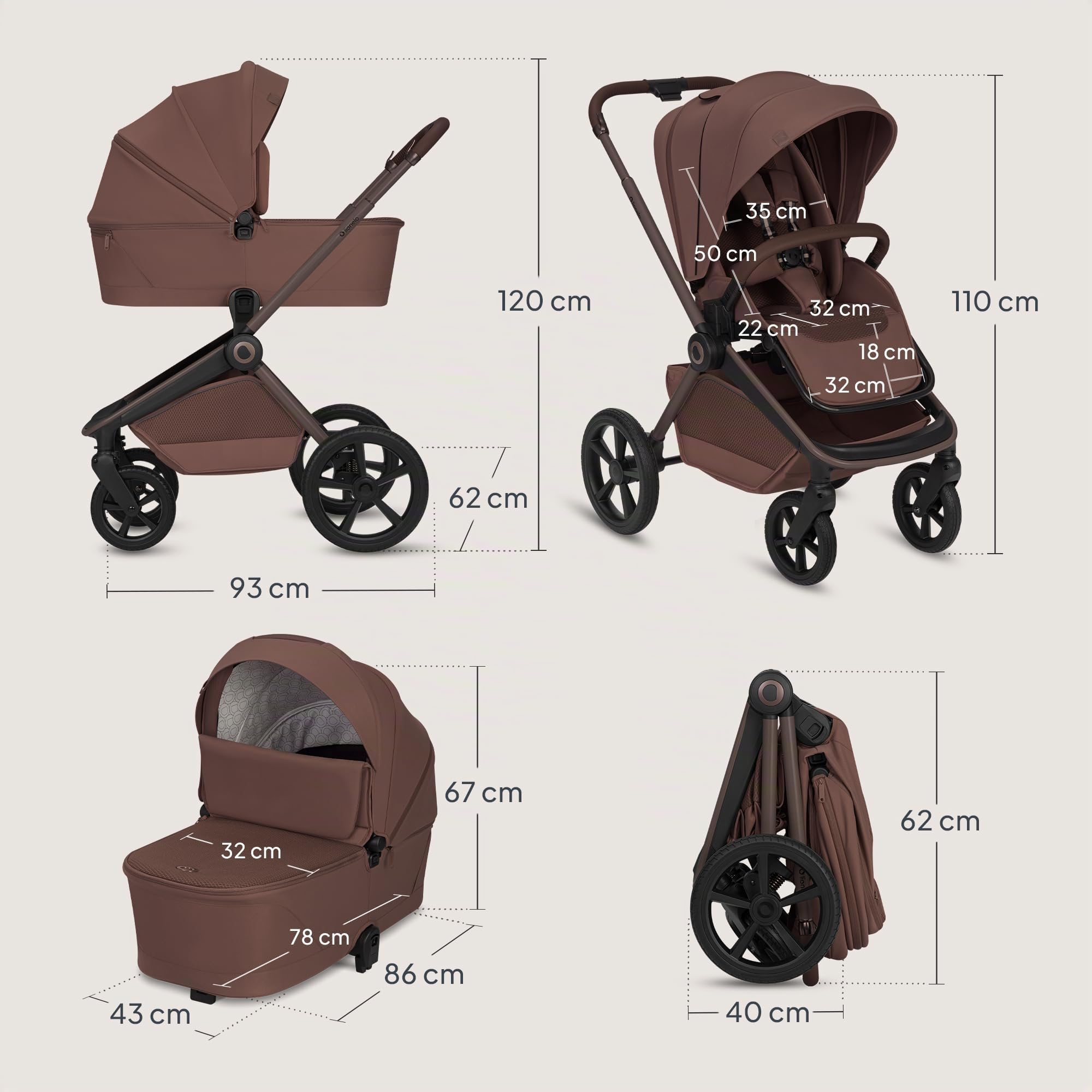 Lionelo Freya Carro Bebe 3 Piezas Carrito de Bebe 3 en 1 (0-4 Años, Hasta 22 Kg), Plegable Capazo, Silla y Silla de Coche I-Size 40-87 Cm, Suspensión, Ruedas PU, Capota UPF50+, Cochecito Bebe
