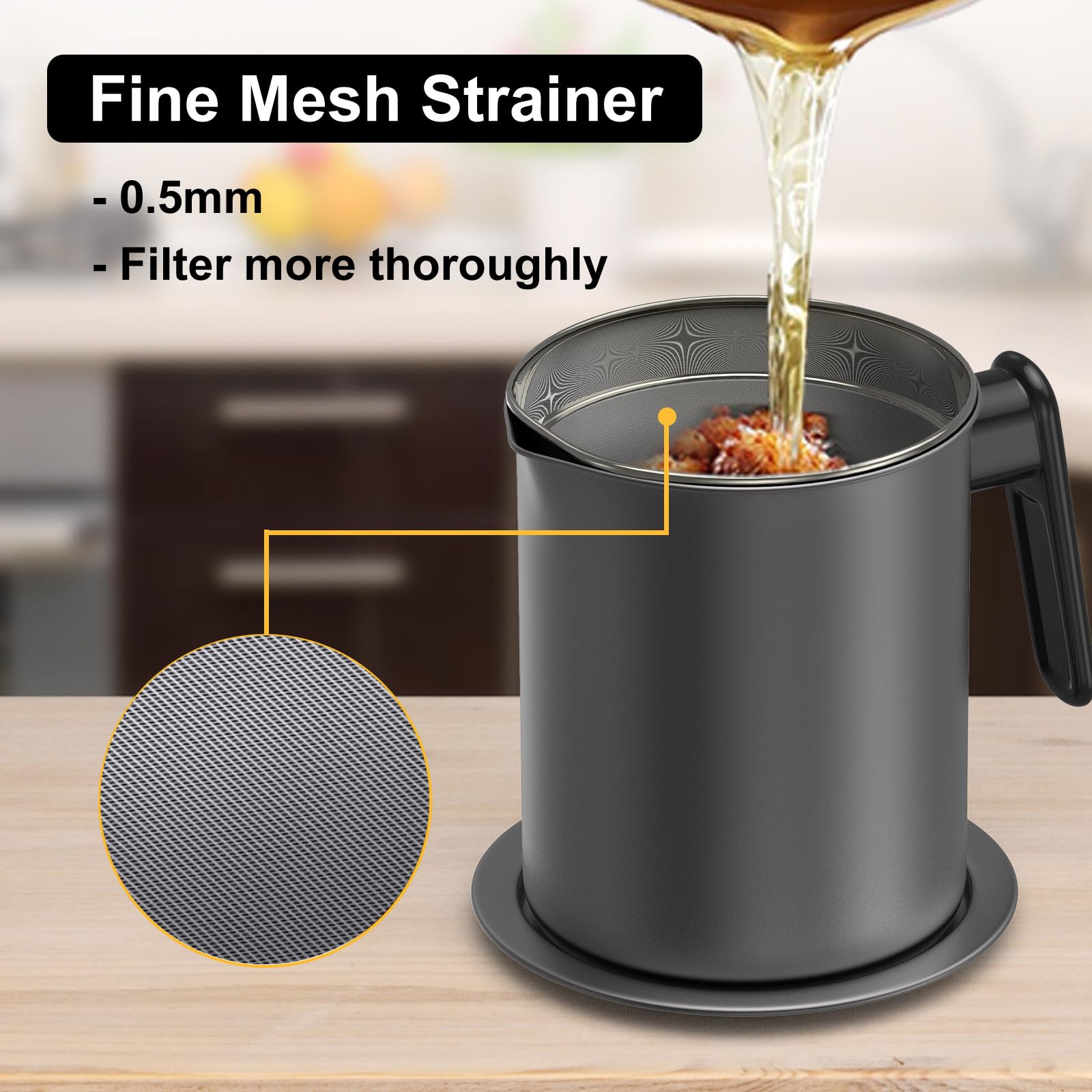 Contenitore per grasso per pancetta con filtro a maglia fine - Contenitore per olio da cucina da 1,7 l / 6,8 tazze con coperchio antipolvere rimovibile e vassoio sottobicchiere
