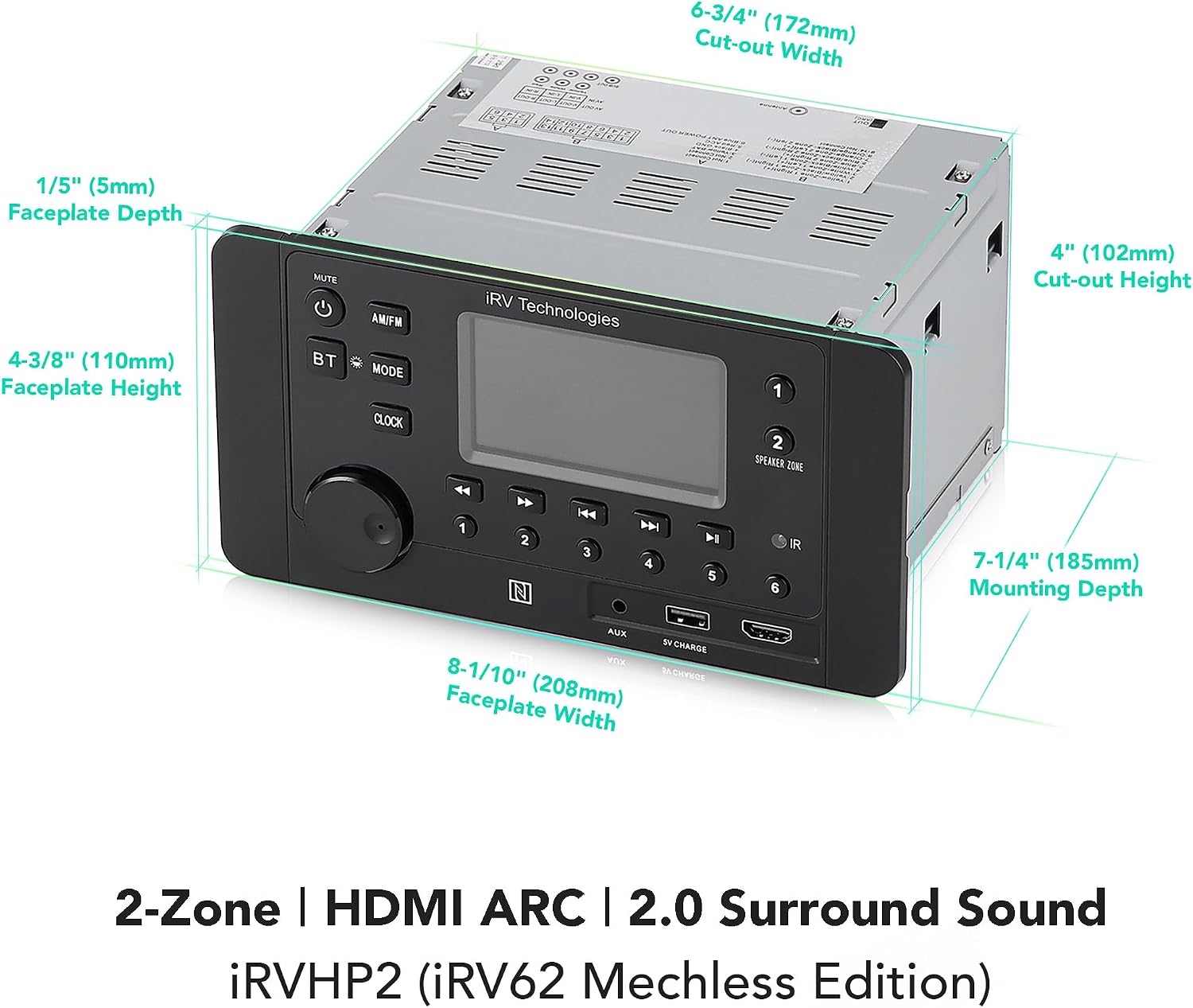 iRV Technology iRVHP2 Mechless Radio System - 2-Zone Wall Mount Radio with 4 Speakers Output, HDMI ARC, Bluetooth, AM/FM, Digital 2.0 Surround Sound for Camper, Travel Trailer (iRV62 Mechless Edition)