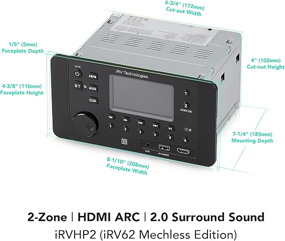 iRVHP2 Mechless Wallmount RV Stereo 2 Zones with Bluetooth HDMI ARC, App Control, AM/FM/App, NFC, USB Charging, Digital Surround Sound, Clock, CEC Support (2 Zones + 4 Speakers)