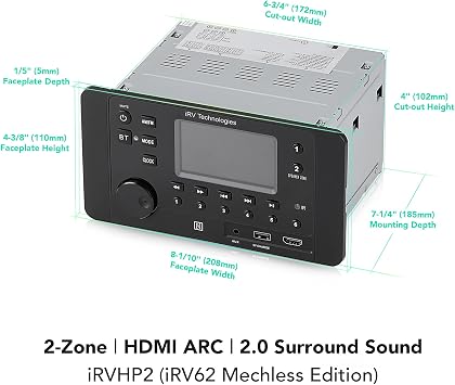 iRVHP2 Mechless Wallmount RV Stereo 2 Zones with Bluetooth HDMI ARC, App Control, AM/FM/App, NFC, USB Charging, Digital Surround Sound, Clock, CEC Support (2 Zones + 4 Speakers)