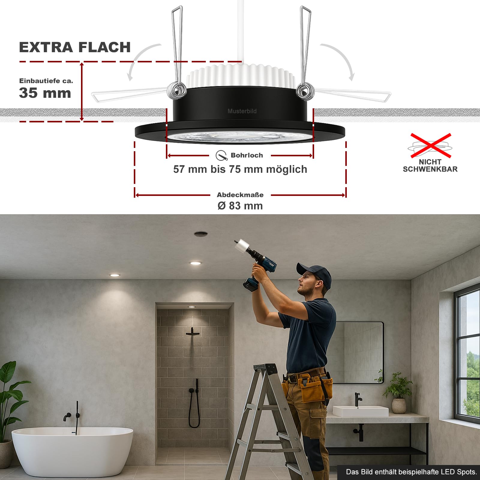 trendlights24 Mare IP44 Decken LED Bad Einbaustrahler 230V 5er Set - 5W 400lm ultra flach 35 mm - Schwarz rund - Einbauleuchte Neutralweiß