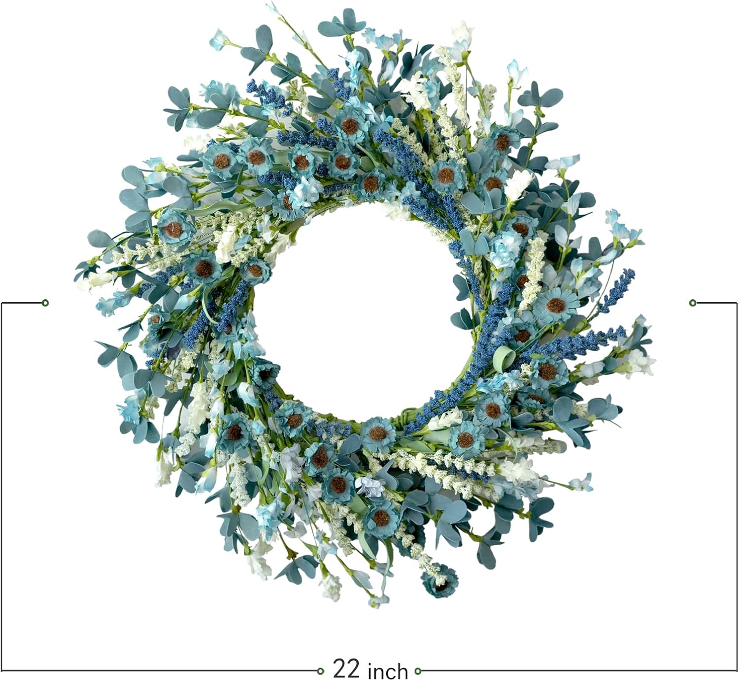 Bibelot 22 Inch Spring Wreath Blue with Green Leaves Wreaths Blue Daisy Artificial Grains White Flower Wreath for Front Door Wreaths,Farmhouse Decor Indoor&Outdoor Wedding Wall Home Decor