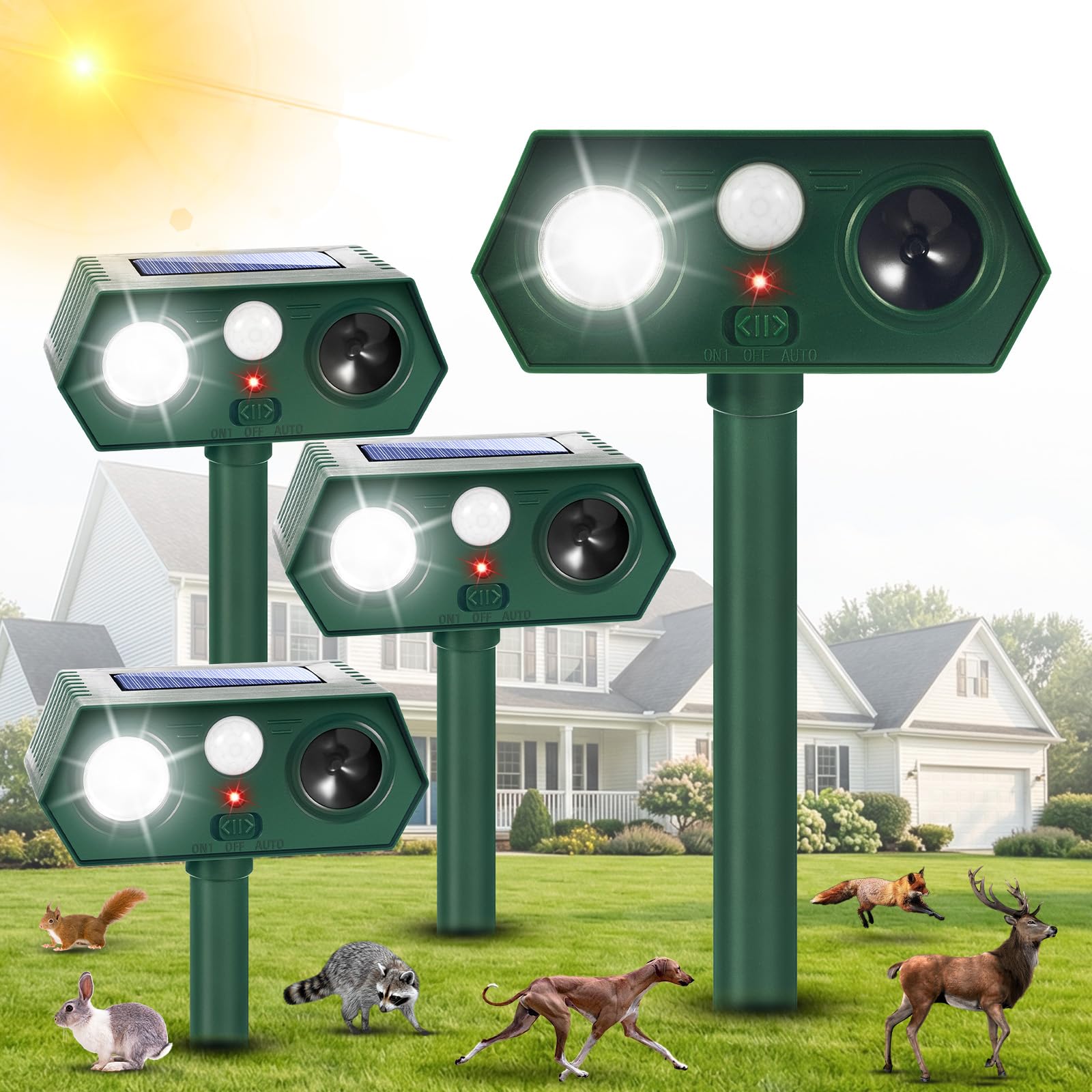 Photo 1 of 2026 Upgraded Solar Ultrasonic Animal Repeller Deer Repellent Devices with Motion Sensor & LED Flashinglight Cat Deterrent Outdoor to Keep Away Squirrel Rabbit Raccoon Dog for Garden, Yard 4 Pack