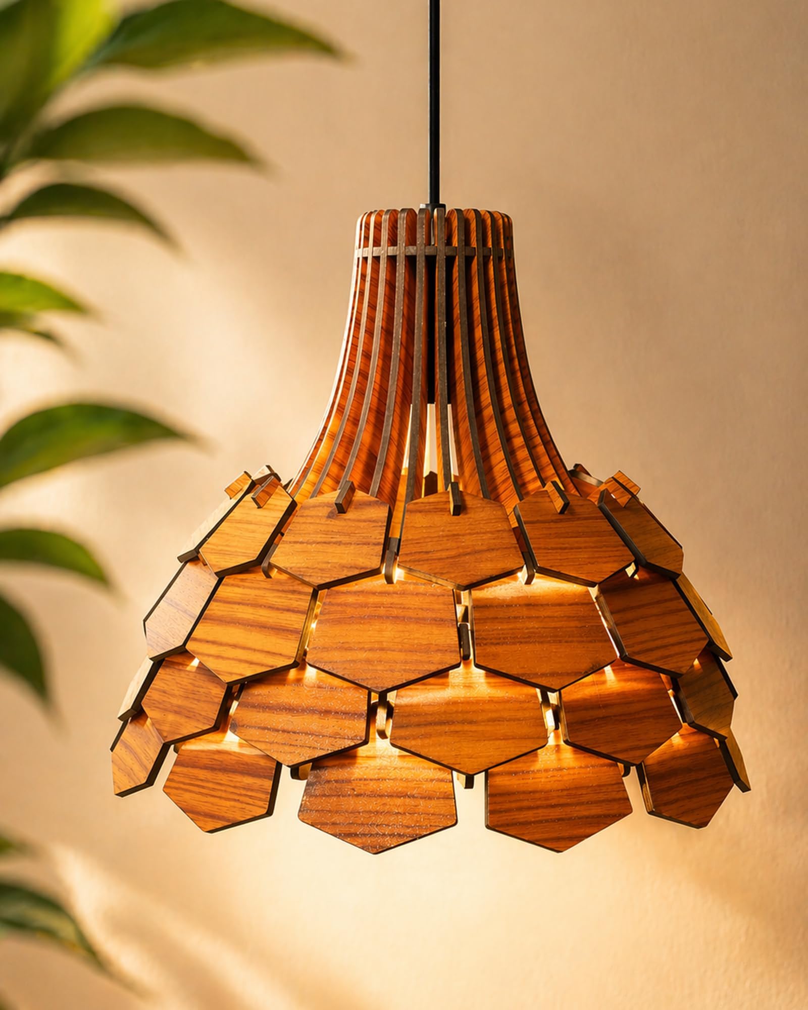 Homesakeยฎ Wooden Pendant Light for Living Room Ceiling Hanging Lamp, Handmade Chandelier | Mid Century Modern Industrial Ceiling Light for Bedroom, Dining Room & Kitchen, Design, Lotus