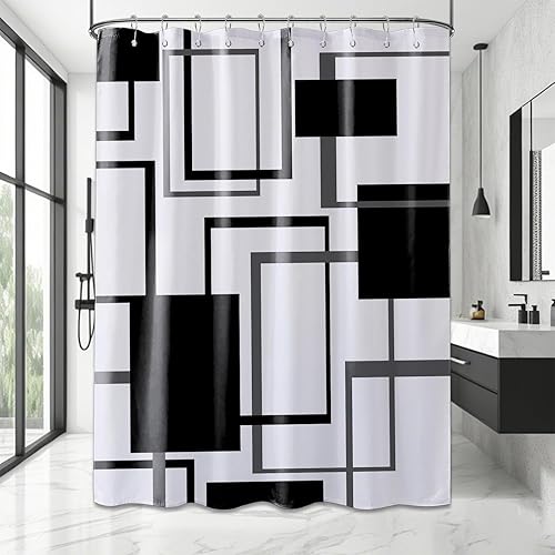 Cortina de ducha geométrica negra abstracta moderna para decoración de baño de hombre, juego de cortinas de baño gris frío, tela impermeable con
