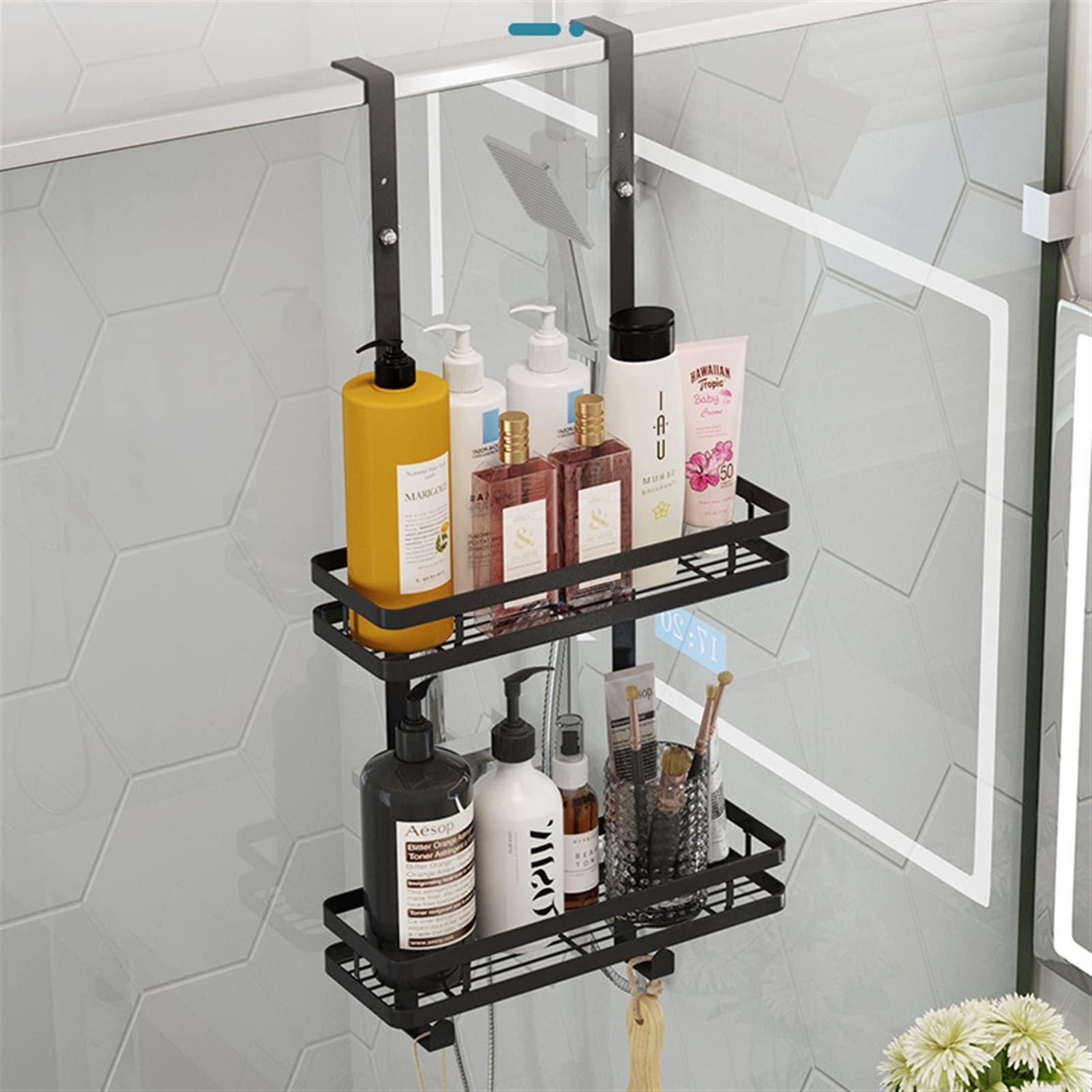 Estante de baño Estante de baño de Acero Inoxidable Montado en la Pared Mate Matte Black 2-Capa Ducha Puerta Cesta Colgante Canasta Almacenamiento Organizador Estante Accesorios de baño (Color : S)