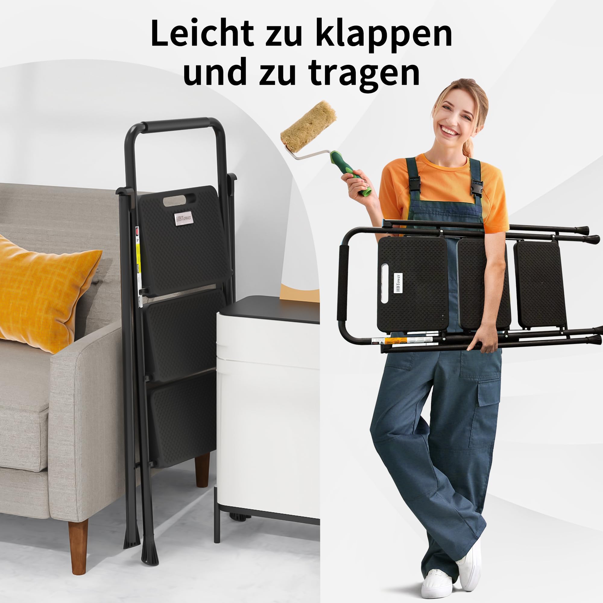 HBTower Trittleiter 3 Stufen klappbar, Leiter mit Breitem Anti-Rutsch-Pedal, Trittleiter mit Bequemer Handlauf, Tragbarer Tritthocker aus Stahl, Schwarz