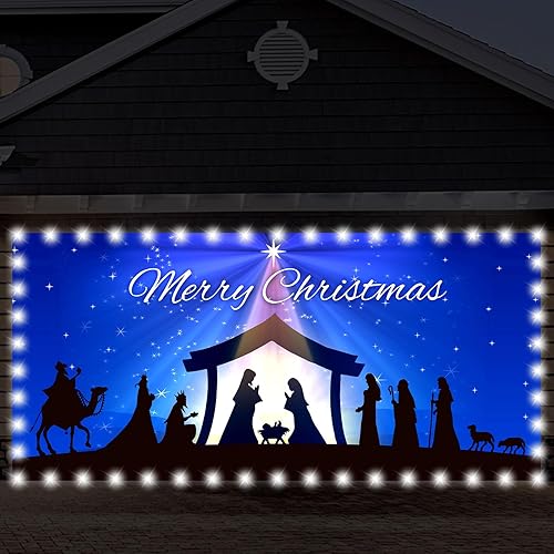 Preboun Pancarta de Navidad religiosa para puerta de garaje, 6 x 13 pies, fondo de Navidad azul iluminado con escena de pesebre religiosa, pancarta