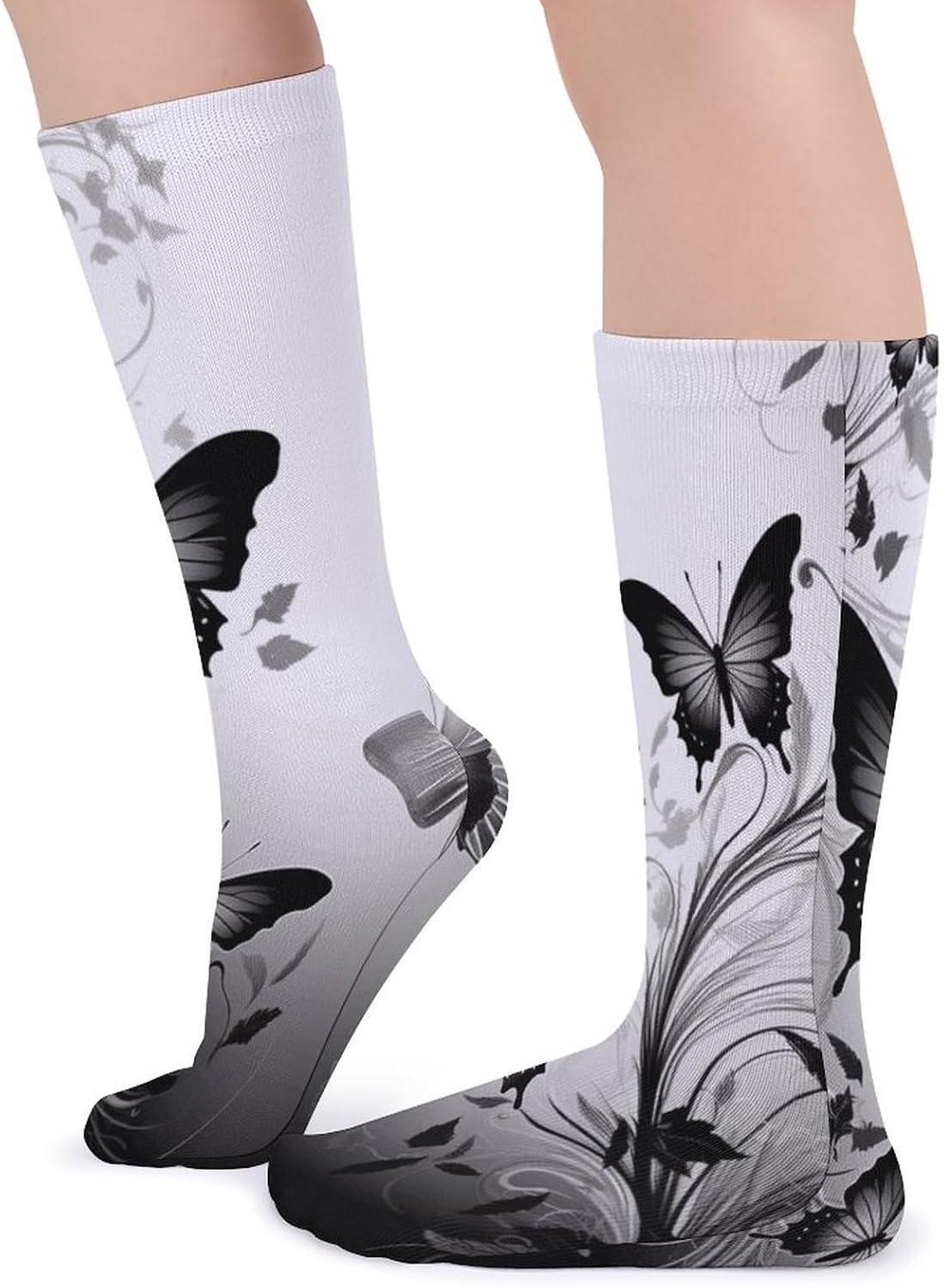 Black Gray Butterflies Crew Socks Soft Thermal Socks | Socks for Men Women-Casual Wicking,High Stocking for Sports Running-Long Thin Tube Sports Breathable