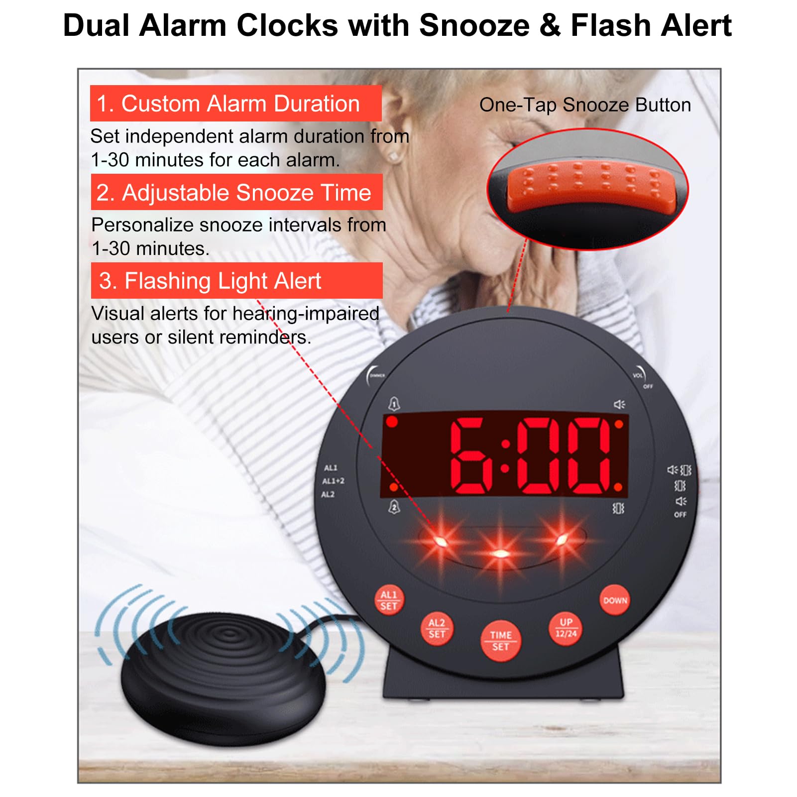 TARSHYRY Reloje de Alarma Fuerte con Agitador de Cama, Despertador Vibratorio con Pantalla LED para Durmientes Pesados/Dureza de Audición/Sordos/Adolescentes, Brillo/Volumen (Black)
