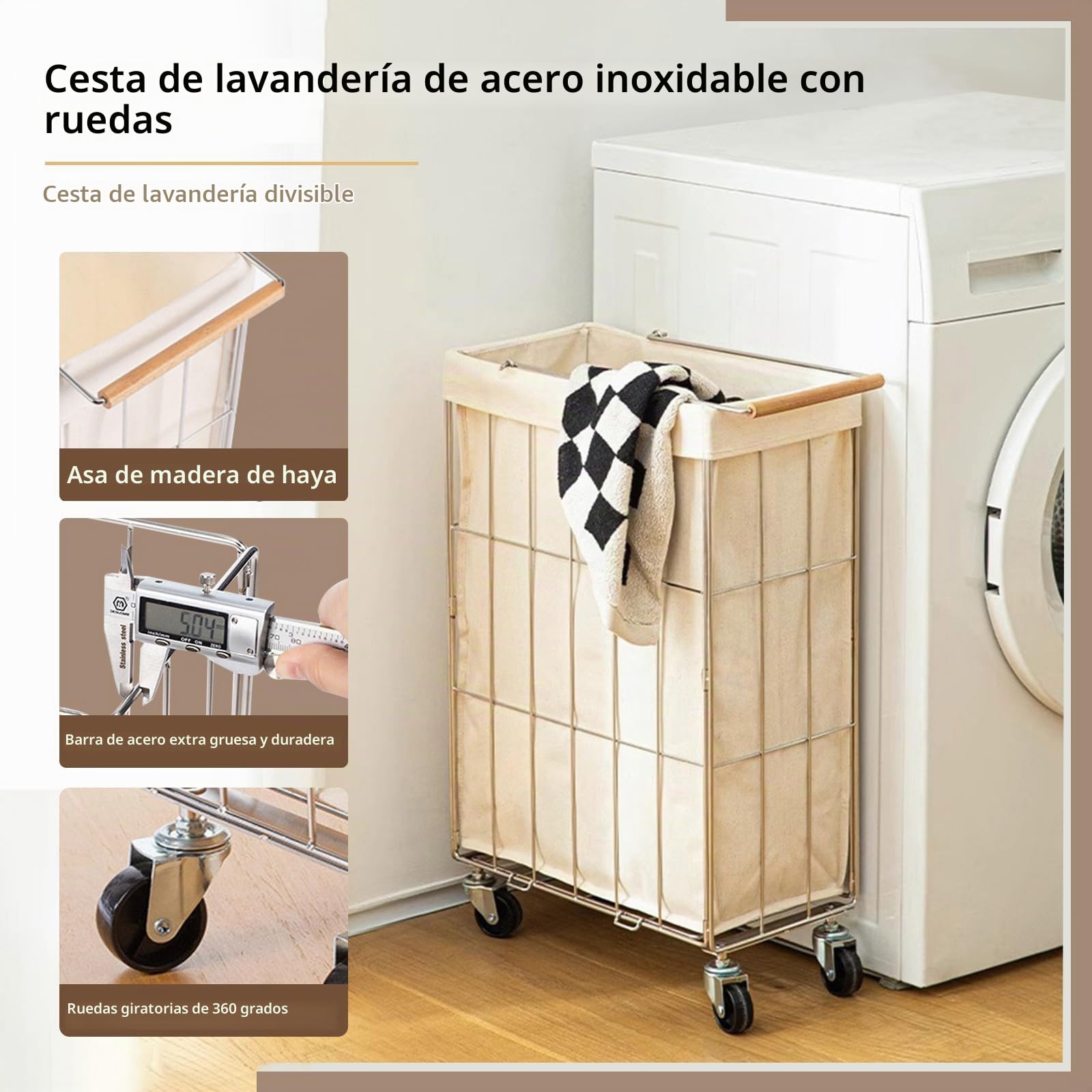 Cesto de Ropa con Ruedas Estrecho 40×21×65 cm, Beige