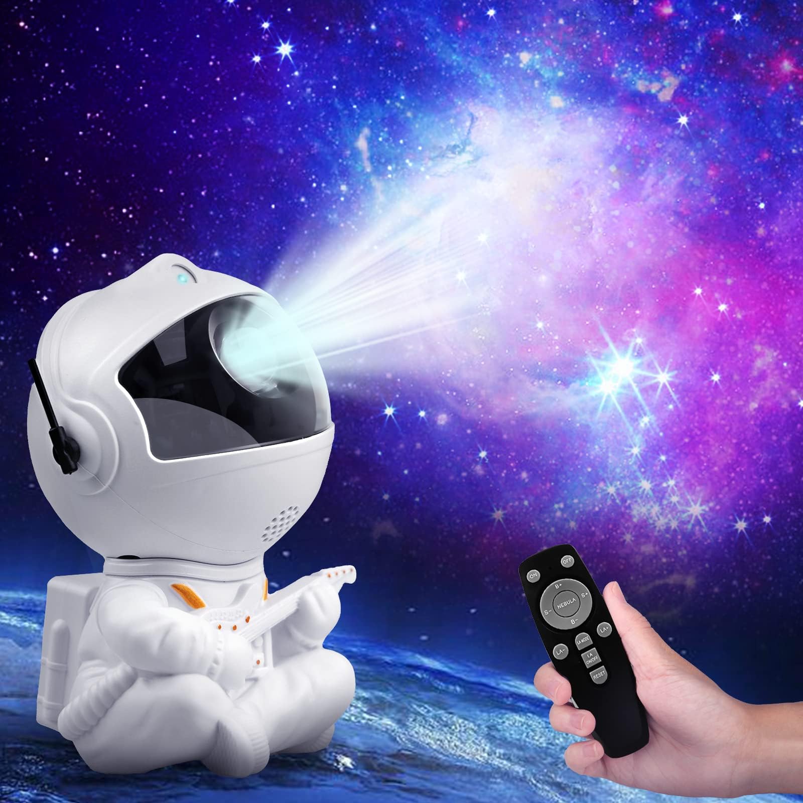 ASTRONAUTE PROJECTEUR D'ÉTOILES ET NÉBULEUSES NOIR ET OR