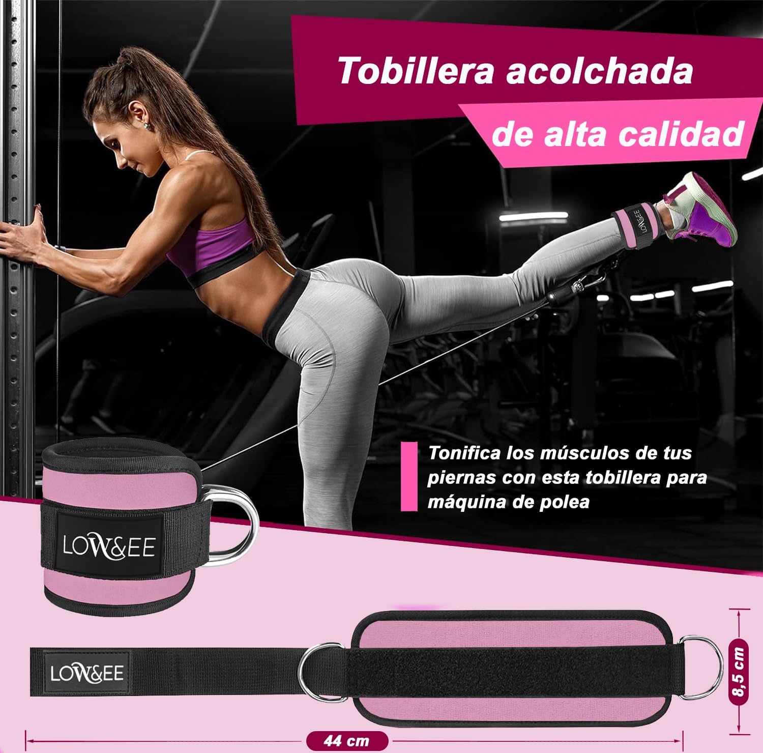 LOW&EE® Confezione da 2 Cinturini alla caviglia con puleggia da palestra - Cinturini alla cavigliere con puleggia imbottiti per donne e uomini - Cinturino alla caviglia da palestra per macchine (Nero