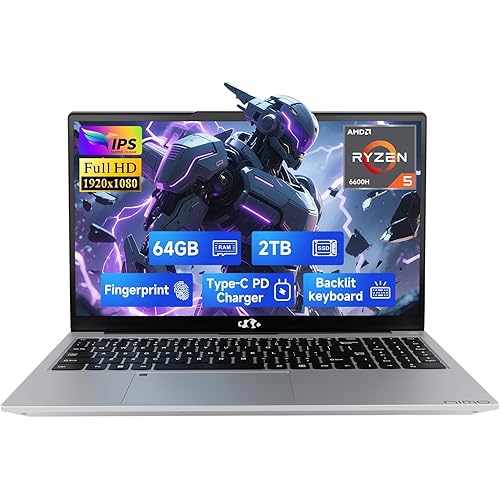 NIMO 15.6" IPS FHD-Gaming-Laptop, 6 Cores AMD Ryzen 5 6600H 64GB DDR5 RAM 2TB SSD (Beat i7-1165G7 up to 4.5GHz) 660M 6nm GPU-Computer with 100W Type-C Backlit Keyboard, Fingerprint