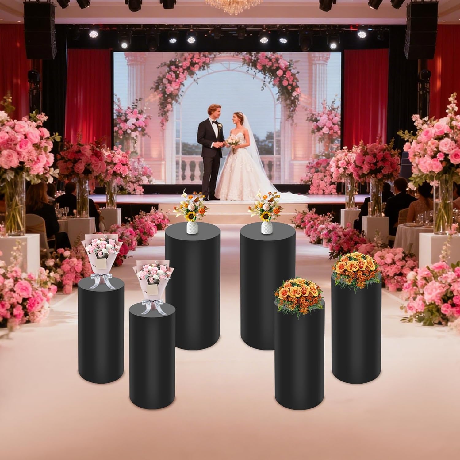 6Pcs Metal Cylinder Pedestal Display Stands, Round Pedestal Display Plinth Pillars for Party, Large Cake Pedestal Decor Backdrop Dessert Table Pillars for Wedding Deco, 27.56"(L), 26"(M), 23.62"(S), Black