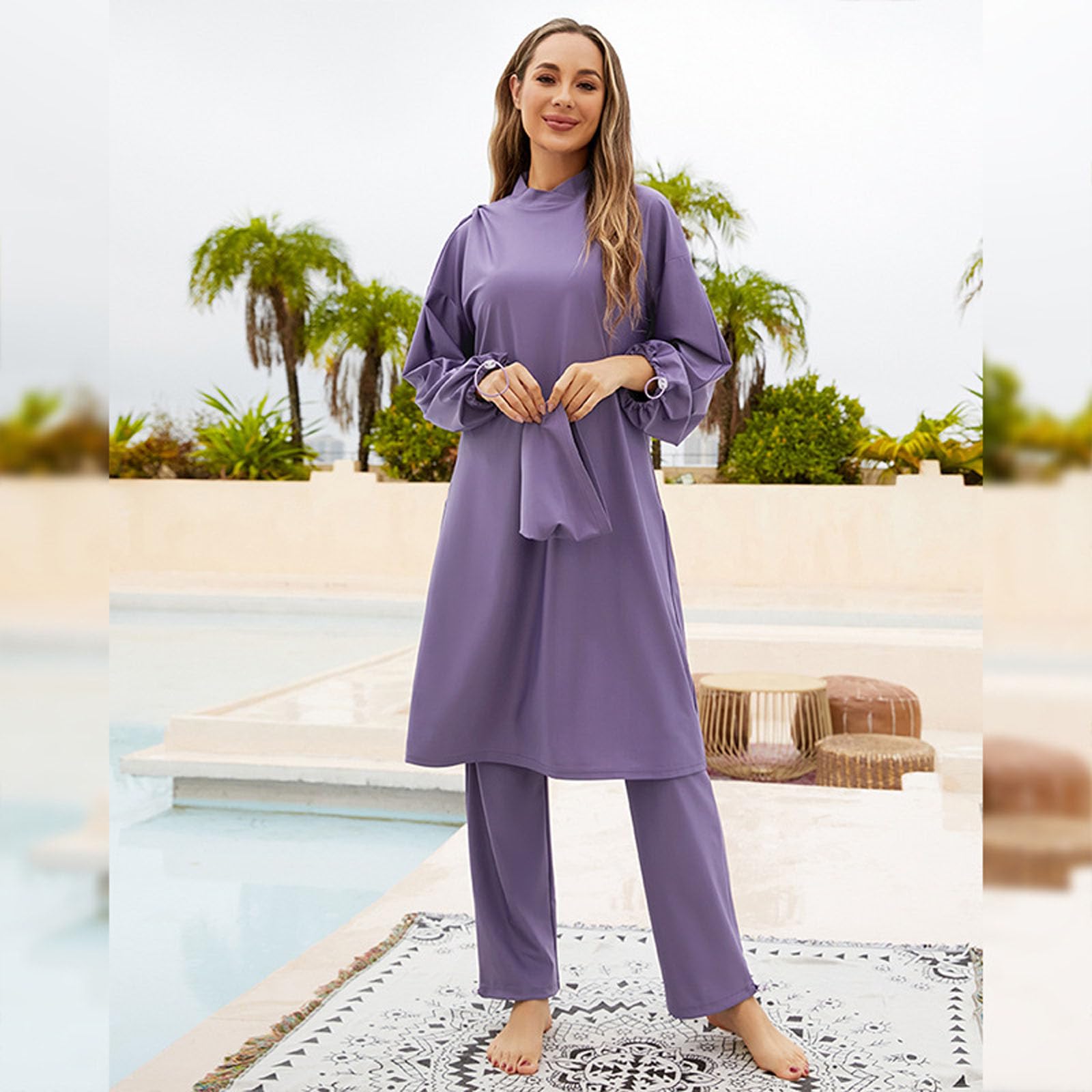 Bescheidene Muslim-Bademode, Damen-Bikinis, Burkinis, Rashguard, Badeanzug, Oberteil, Hose, 3-teiliges Badeanzug-Set