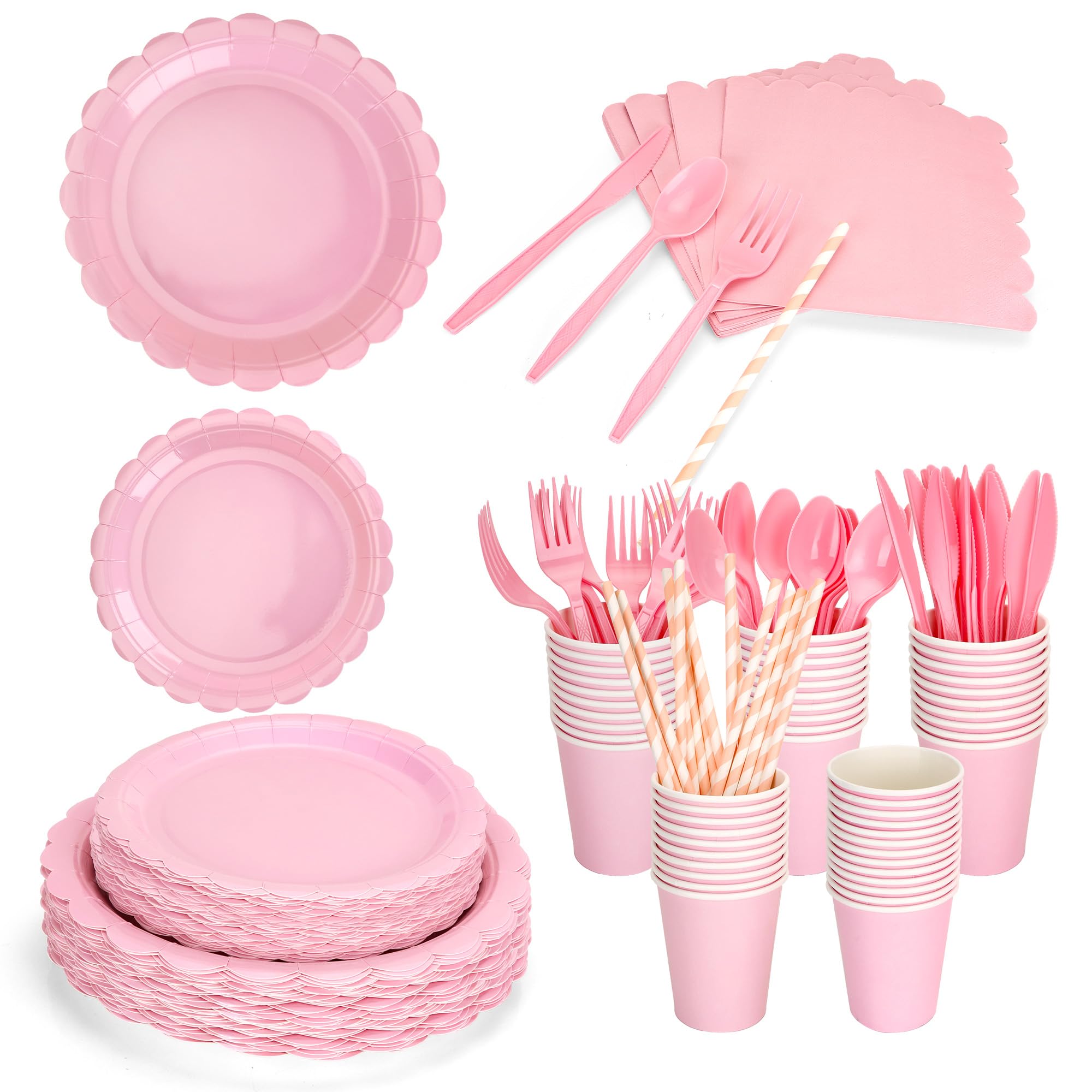 Axincardarm 240 Pcs Pink Party Tableware Set Paper Plates Cups Knives Forks Spoons Napkins Straws, Pink Party Supplies for Birthday, Picnic, Wedding