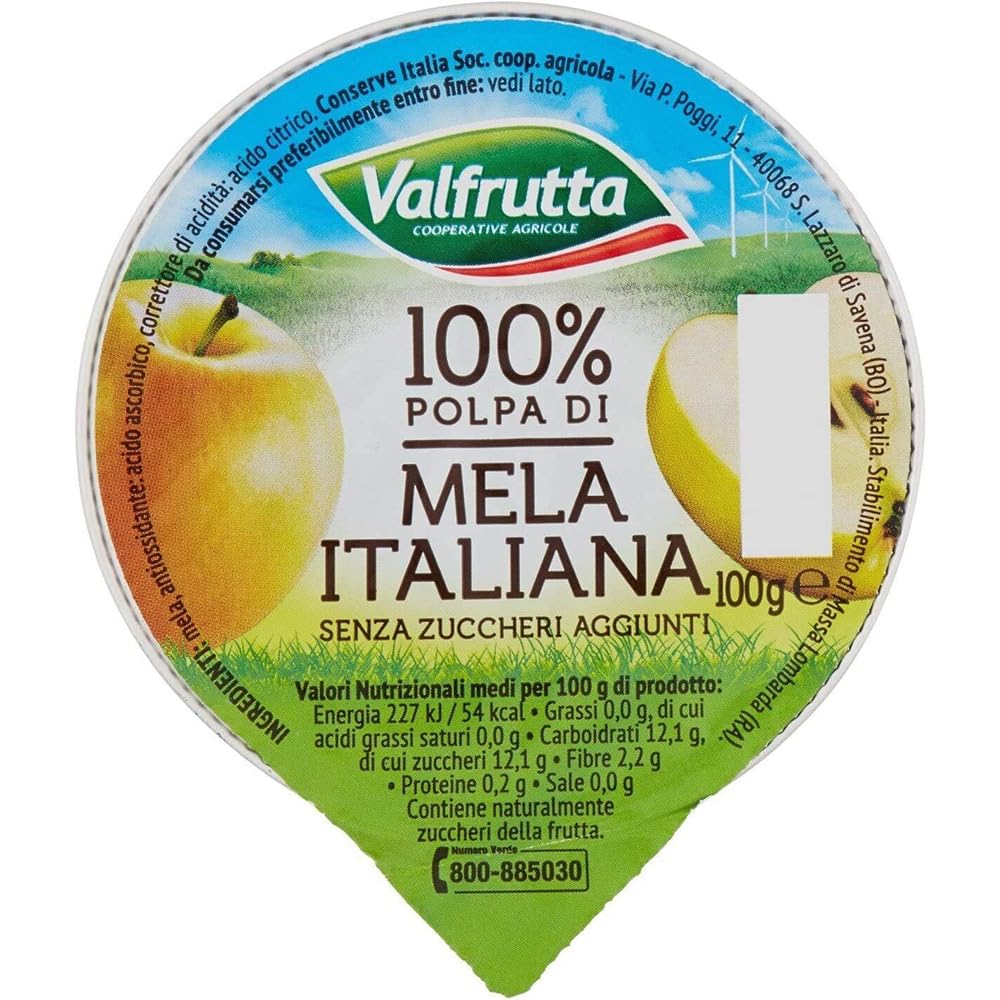 Valfrutta Polpa di Mela Italiana, 100% Pura, Senza Zuccheri Aggiunti, 100g, Confezione da 24