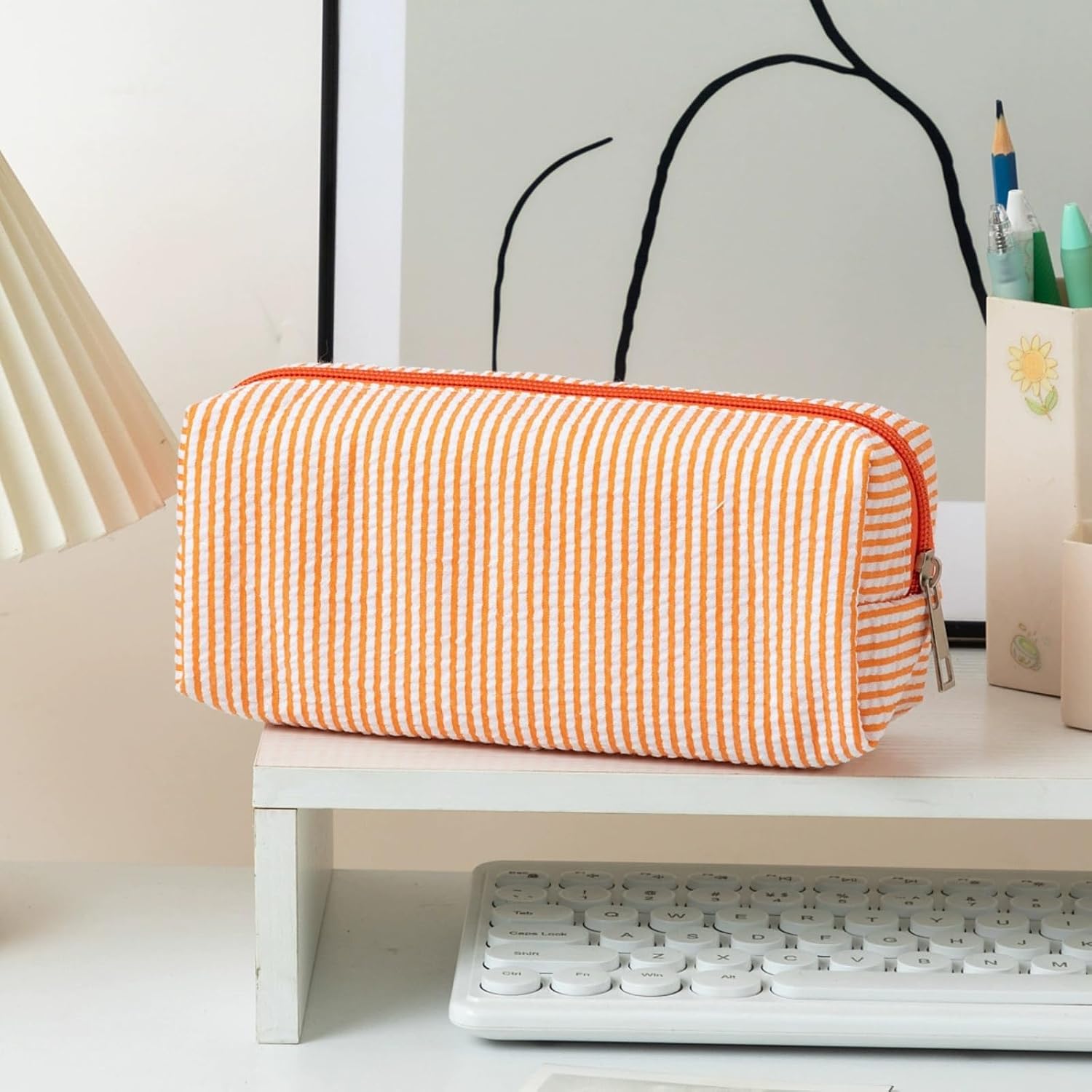 Cute Large Capacity Pencil Case | Aesthetic Striped Pencil Pouch for Office Supplies Organizer (Orange) image 2