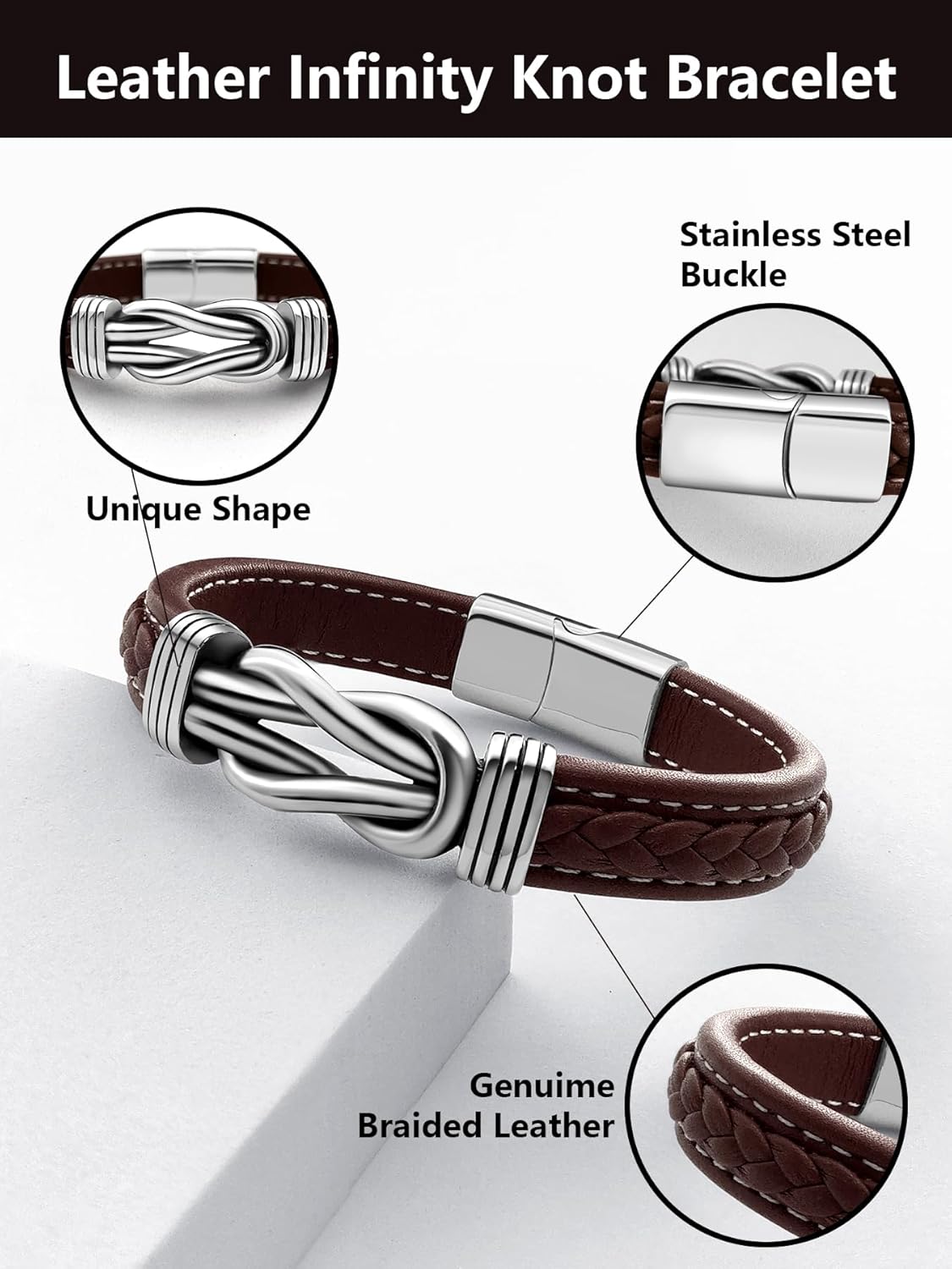 Mens Black Braided Leather Bracelet, Green/Red/Brown/Black Braided Leather Infinity Knot Bracelets for Men with Stainless Steel Clasp, 7.5/8.5/9in Length - Image 5