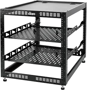 Tecmojo 12U Open Frame Network Rack for IT & AV Gear, Wall-Mounted or Floor Standing, Includes 2 Shelves & Hardware