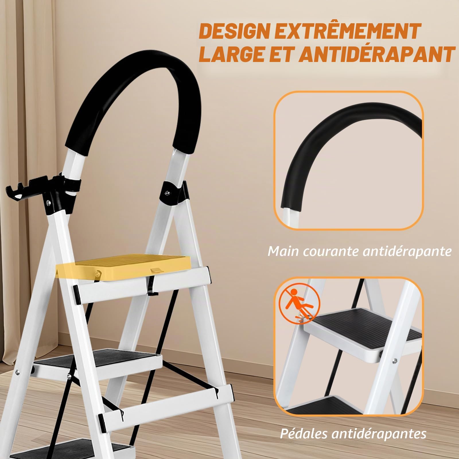 Escabeau Pliable 3/4/5 marches Charge maximale de 150kg Verrouillage de sécurité, pédales Larges accoudoirs escabeau escamotable légères pour la Maison, Cuisine, Placard et Bureau (Blanc-3 marches)