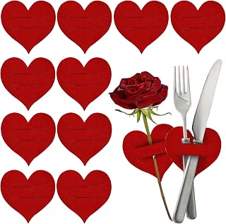 12 Pcs Valentine Heart Flatware Holders Red Felt Heart Shape Valentine's Day Silverware Holder Cutlery Bags Pockets Dinner Knife Fork Tableware Covers for Wedding Mother's Day Party Table Decoration
